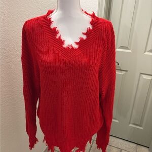 Vibrant Red Frayed V-Neck Sweater